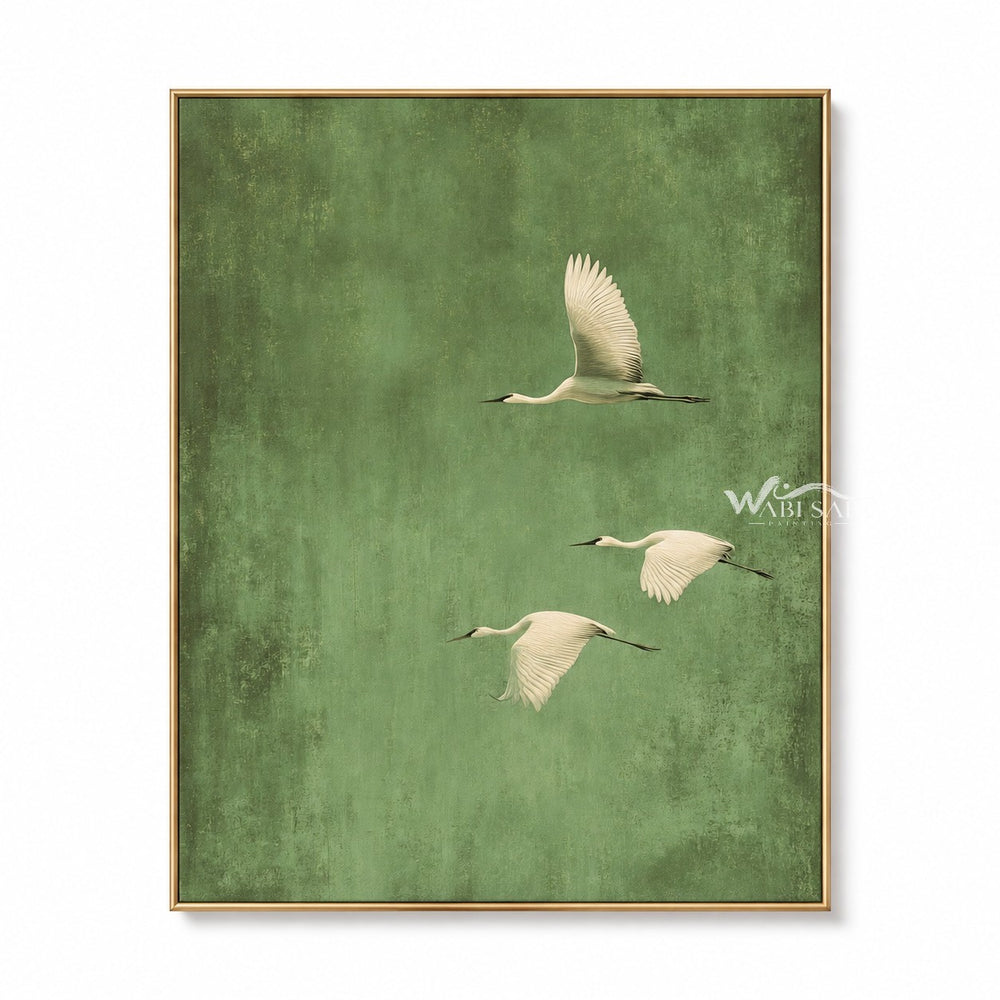 Three White Birds on Muted Green Wall Art — WS-0093 — artwork view