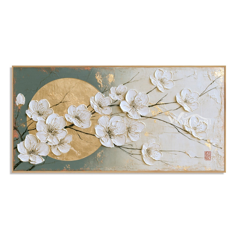 White Blossoms across a Golden Circle Wall Art — WS-0137 — artwork view