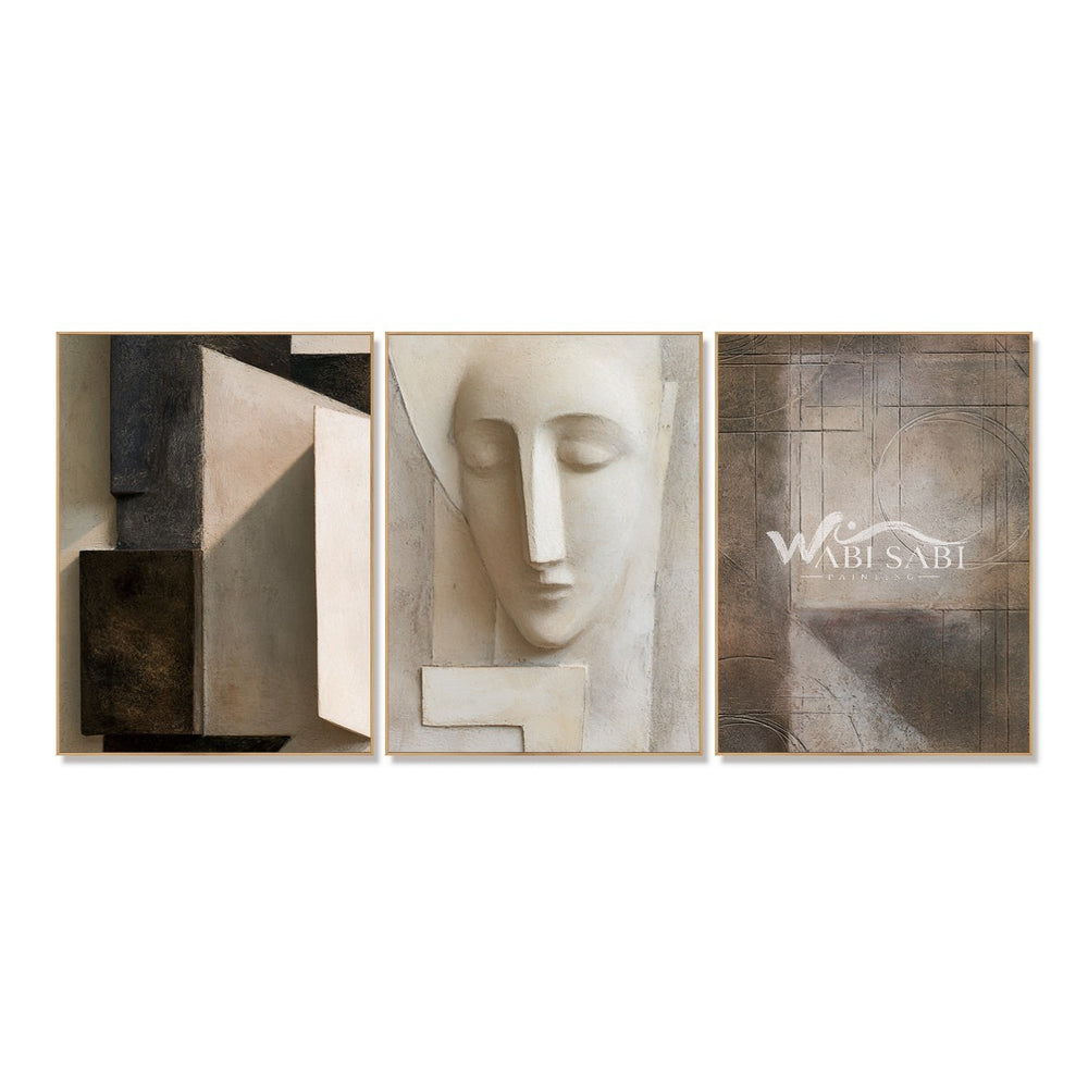 Abstract Face and Grid Triptych Painting — WS-0161 — artwork view