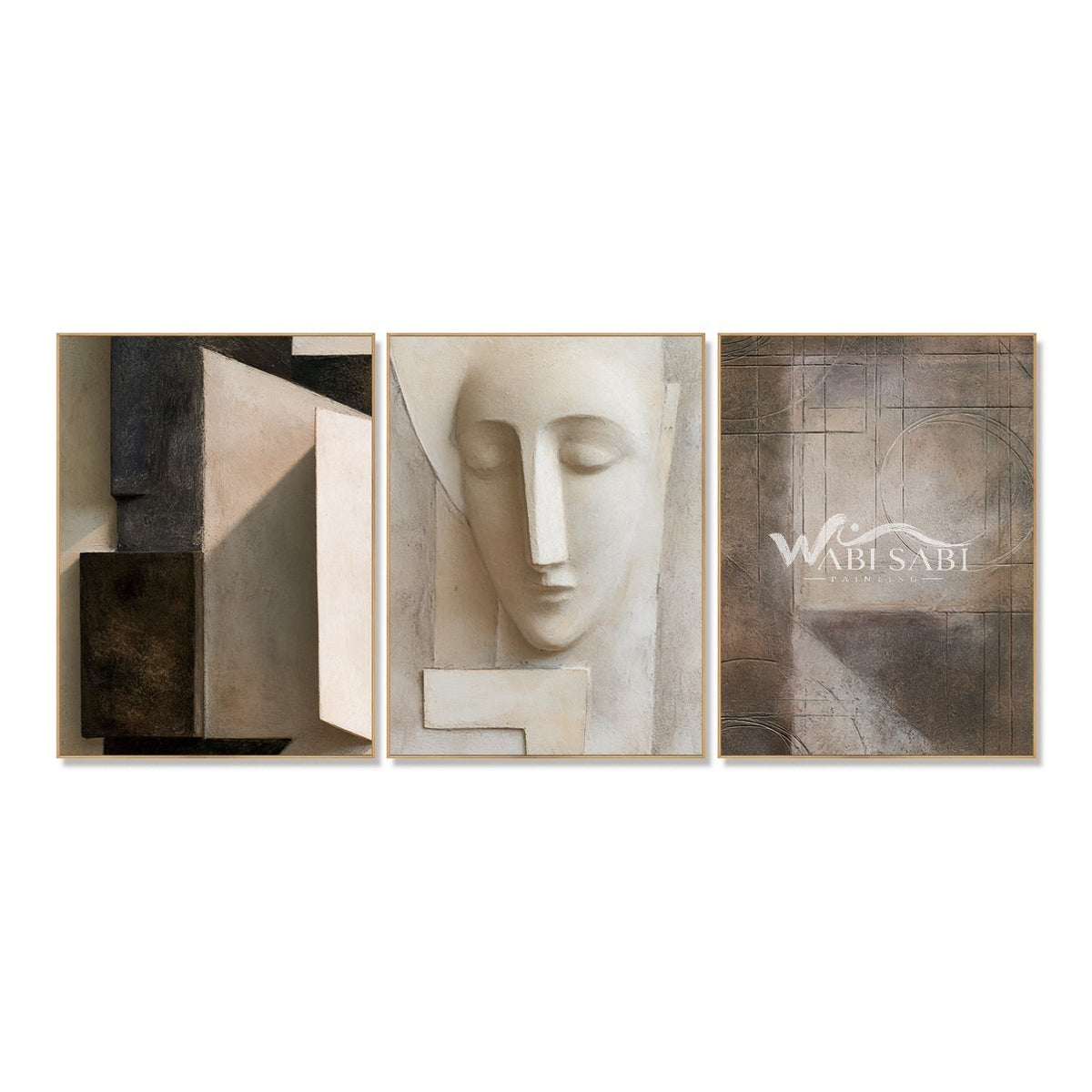 Abstract Face and Grid Triptych Painting. Abstract face in the center.