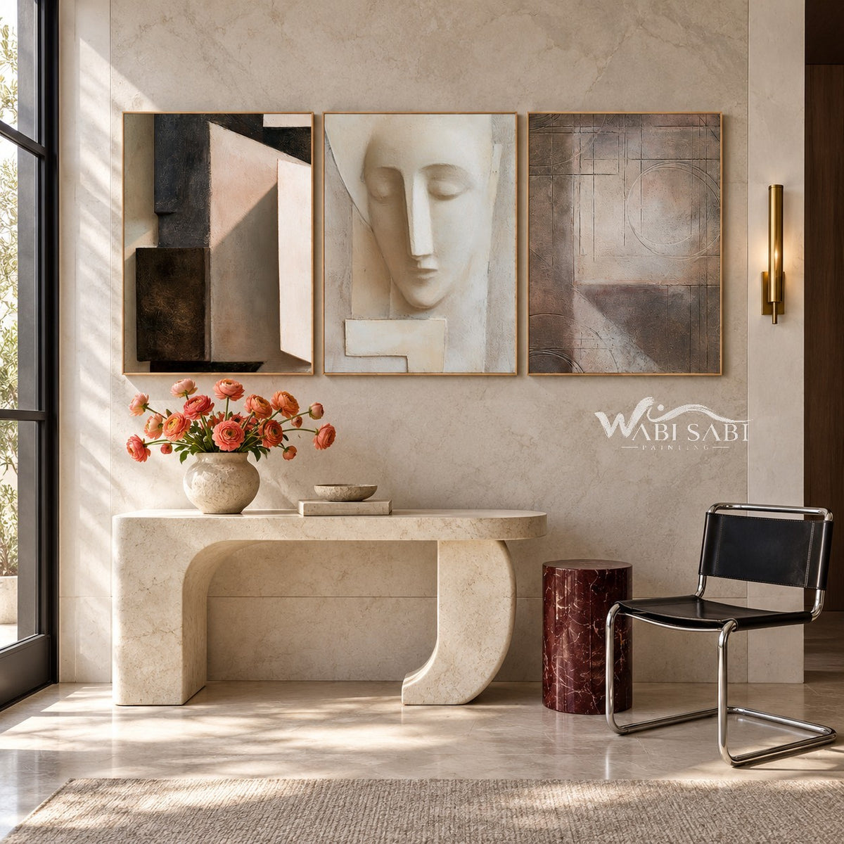 Abstract Face and Grid Triptych Painting shown above a console.