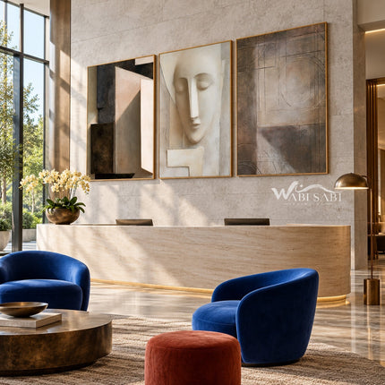 Abstract Face and Grid Triptych Painting shown in a seating area.