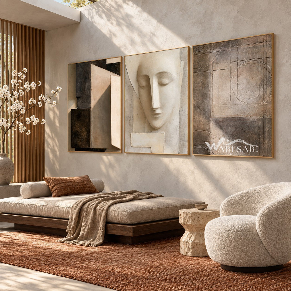 Abstract Face and Grid Triptych Painting shown in a bedroom.
