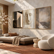Abstract Face and Grid Triptych Painting shown in a bedroom.