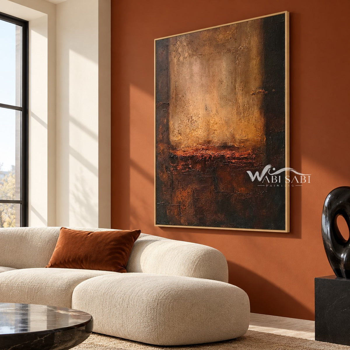 Amber Opening Abstract Painting shown above a sofa.