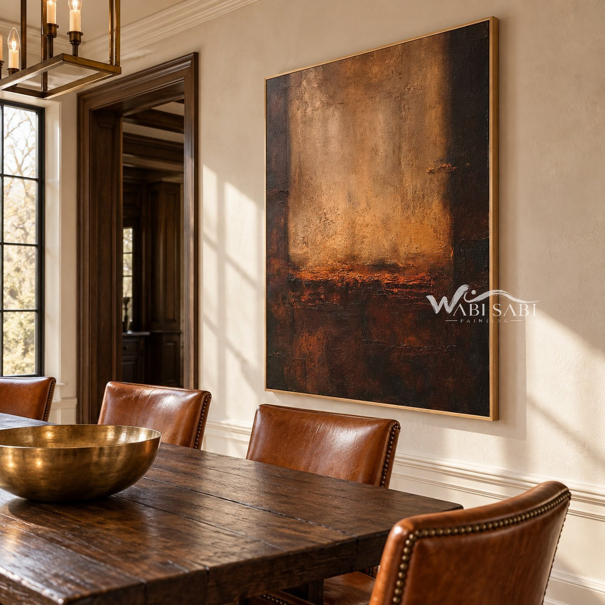 Amber Opening Abstract Painting shown in a dining area.