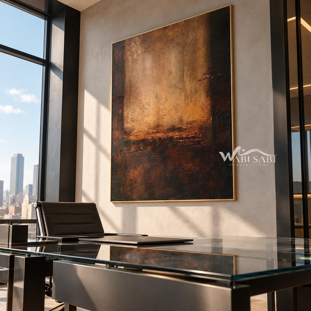 Amber Opening Abstract Painting shown in a workspace.
