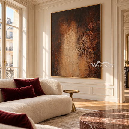 Amber Veil on Brown Canvas shown above a sofa.