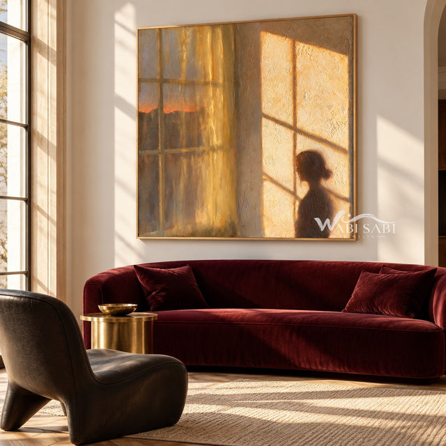 Amber Window Light and Figure Painting shown in a living room with a sofa.