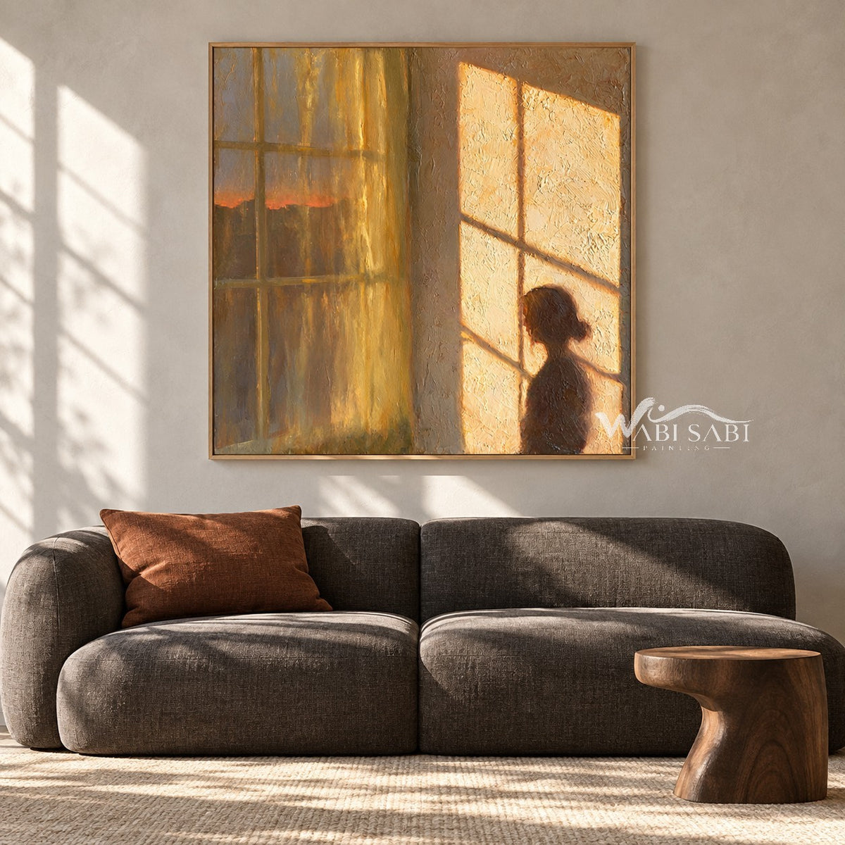 Amber Window Light and Figure Painting shown in a living room with a sofa.
