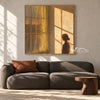 Amber Window Light and Figure Painting shown in a living room with a sofa.