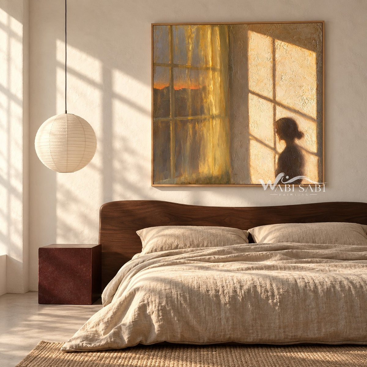 Amber Window Light and Figure Painting shown in a bedroom.