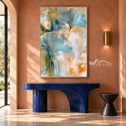 Aqua Fan Leaves with Gold Edges Wall Art shown above a blue console on a terracotta wall.