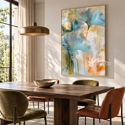 Aqua Fan Leaves with Gold Edges Wall Art shown above a dining table.