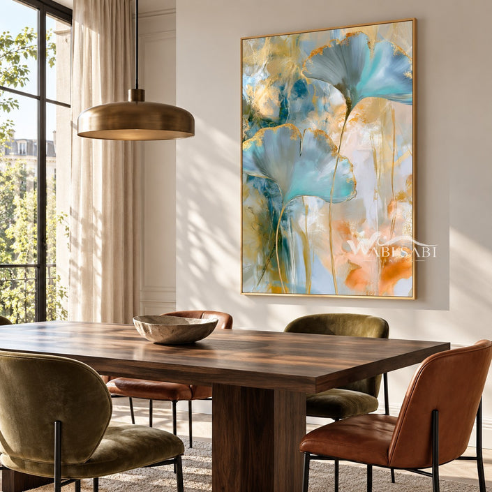 Aqua Fan Leaves with Gold Edges Wall Art shown above a dining table.