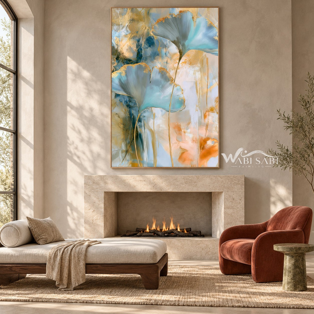 Aqua Fan Leaves with Gold Edges Wall Art shown above a fireplace.