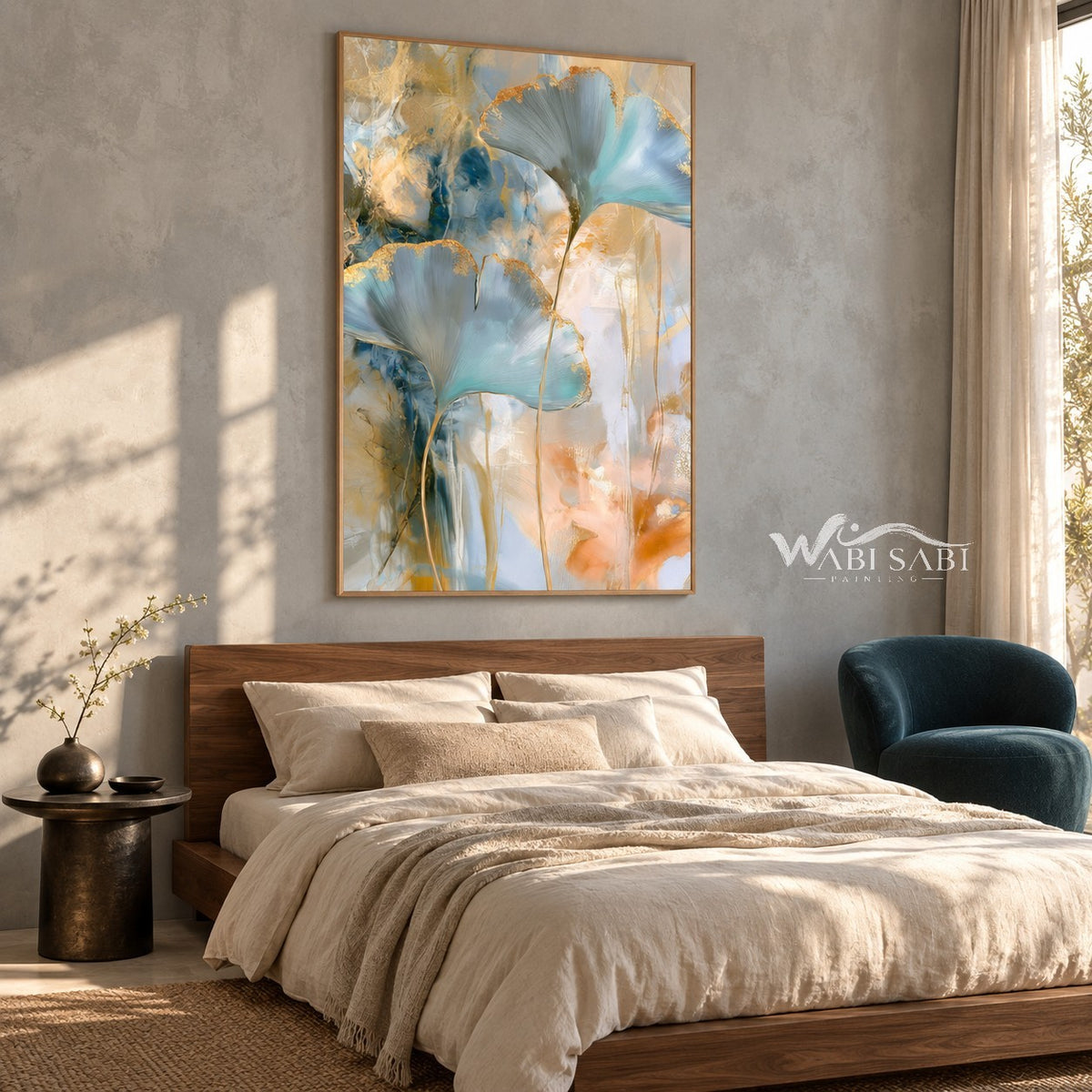 Aqua Fan Leaves with Gold Edges Wall Art shown above a bed with neutral bedding.