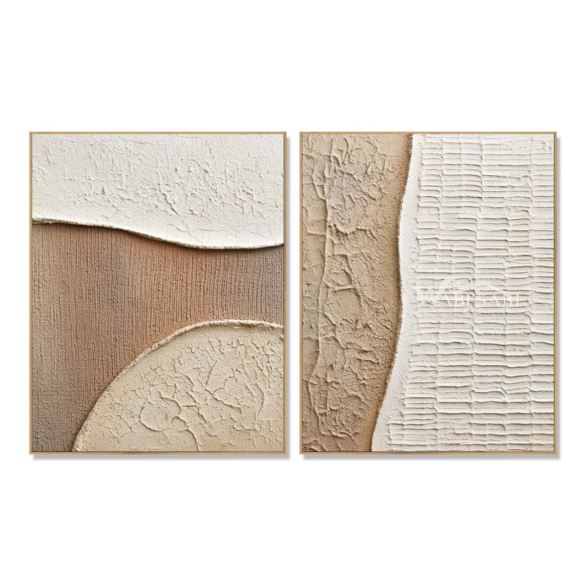 Beige Quarter Circle and Ridge Diptych. Quarter-circle and horizontal ridge motifs.