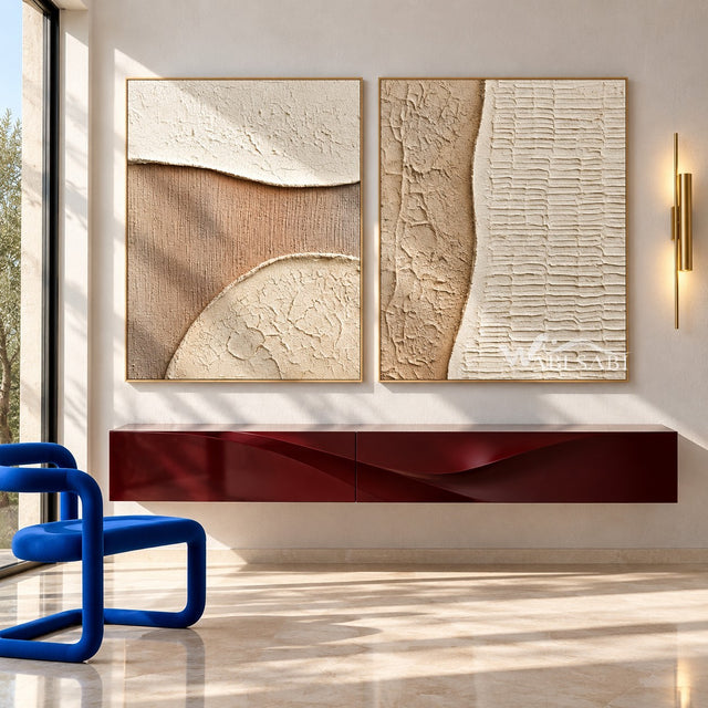 Beige Quarter Circle and Ridge Diptych shown above a console.