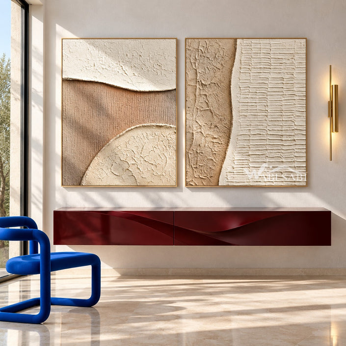 Beige Quarter Circle and Ridge Diptych shown above a console.