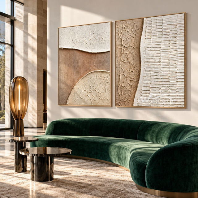 Beige Quarter Circle and Ridge Diptych shown in a living room with a sofa.