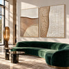 Beige Quarter Circle and Ridge Diptych shown in a living room with a sofa.