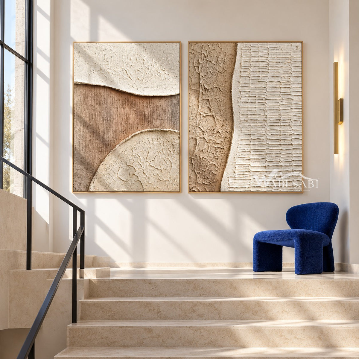 Beige Quarter Circle and Ridge Diptych shown beside a staircase.