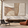 Beige Quarter Circle and Ridge Diptych shown in a seating area.