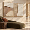 Beige Quarter Circle and Ridge Diptych shown in a seating area.