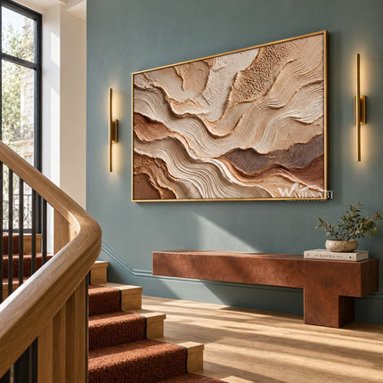Beige Strata and Fine Contour Wall Art shown beside a staircase.