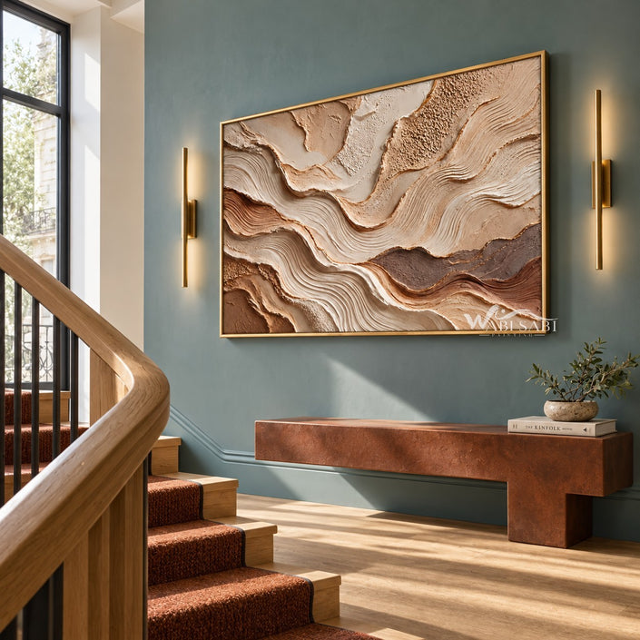Beige Strata and Fine Contour Wall Art shown beside a staircase.