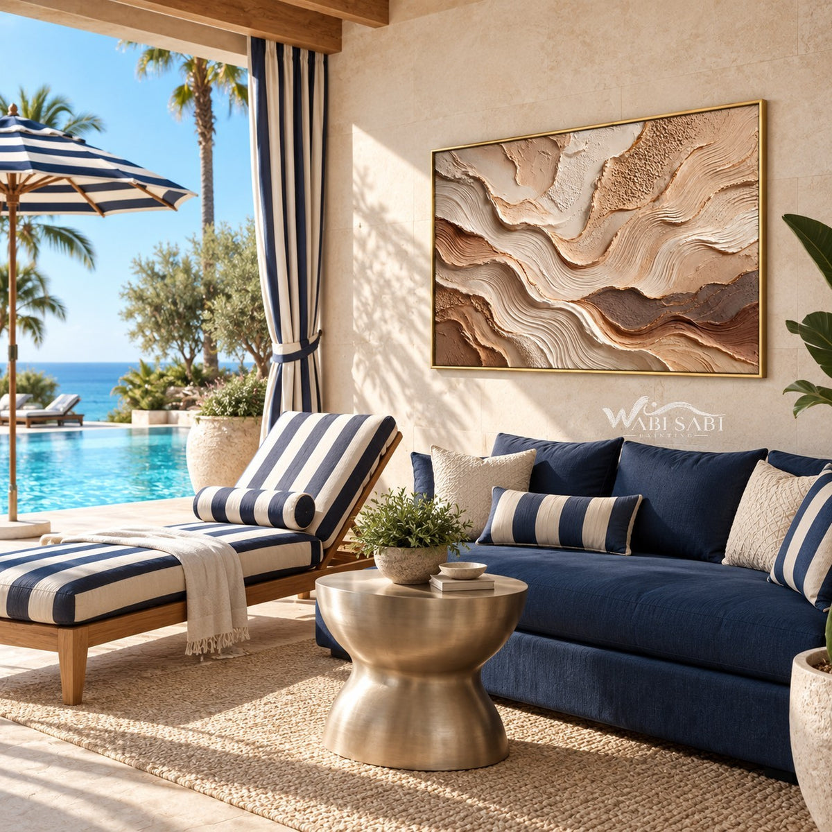 Beige Strata and Fine Contour Wall Art shown above a blue sofa.