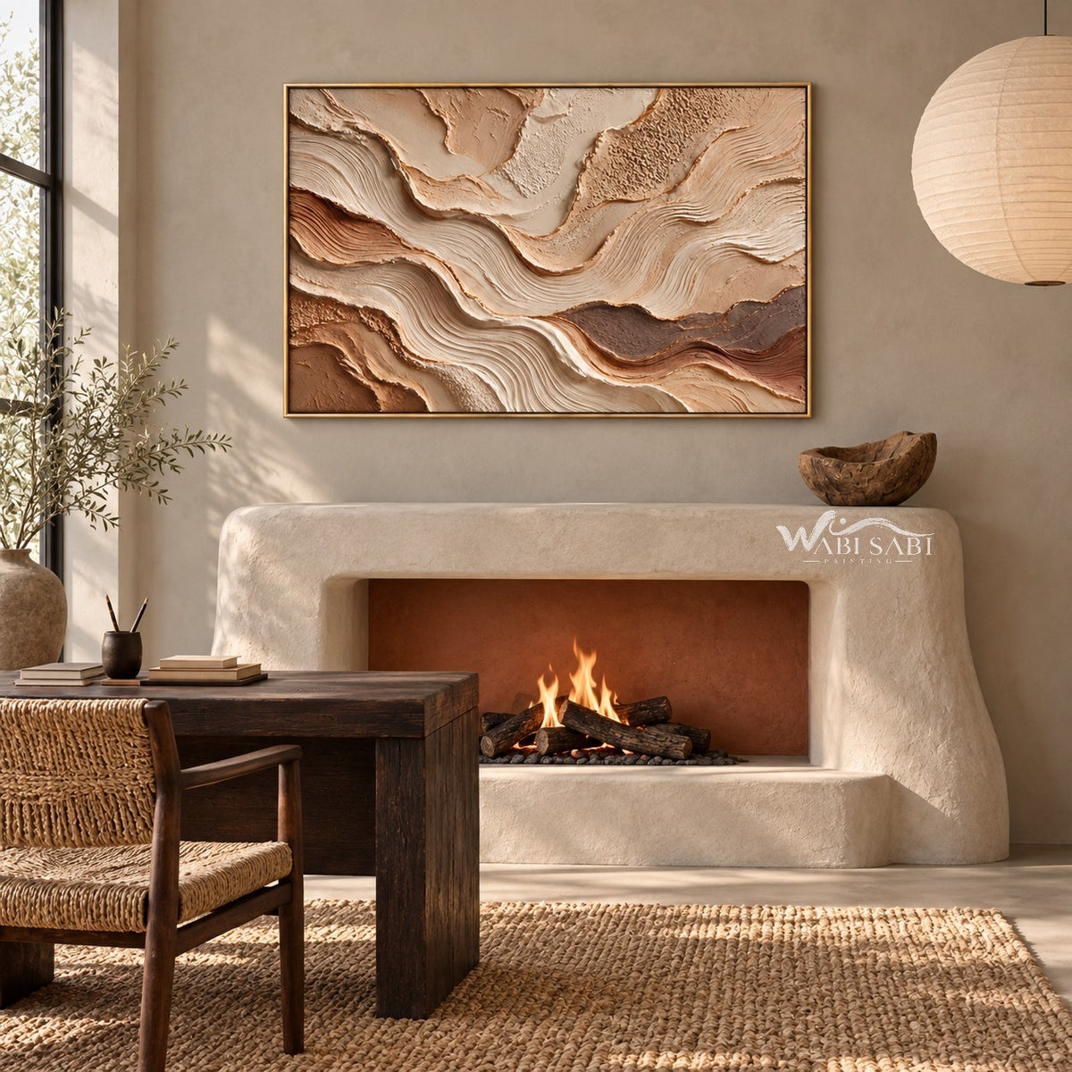 Beige Strata and Fine Contour Wall Art shown above a fireplace.