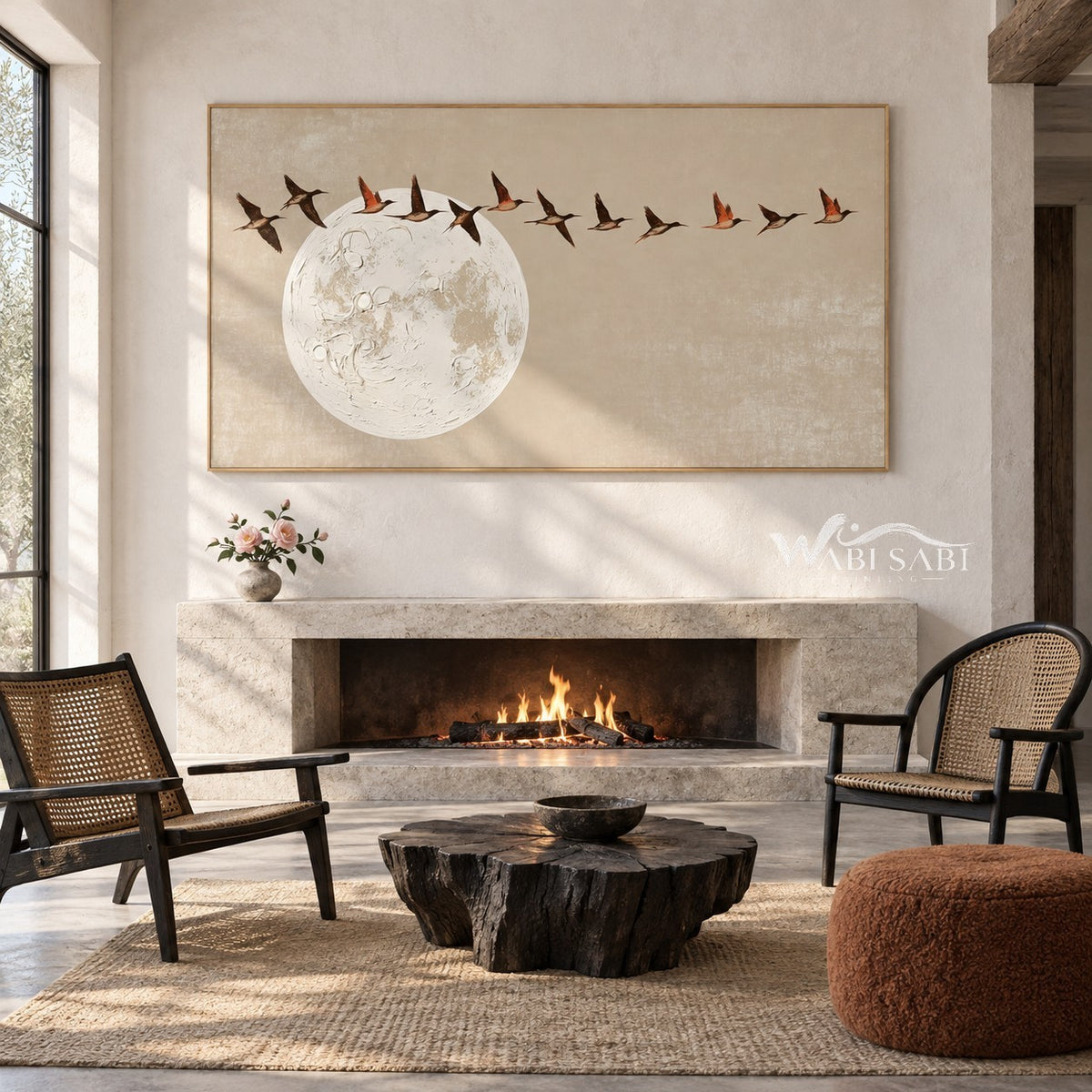 Birds Above a Pale Moon Painting shown near a fireplace.