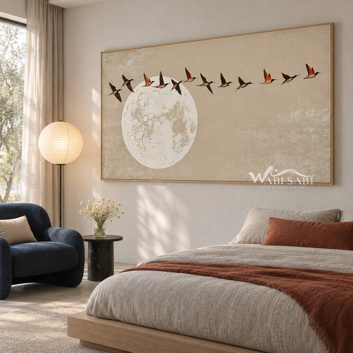 Birds Above a Pale Moon Painting shown in a bedroom.