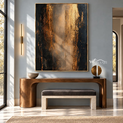 Black and Bronze Vertical Abstract Wall Art shown above a console and upholstered bench.