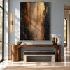 Black and Bronze Vertical Abstract Wall Art shown above a console and upholstered bench.