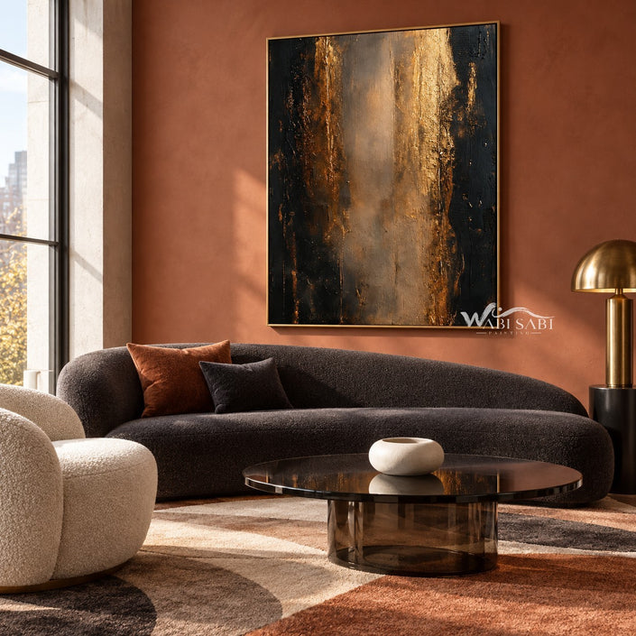 Black and Bronze Vertical Abstract Wall Art shown above a dark sofa.