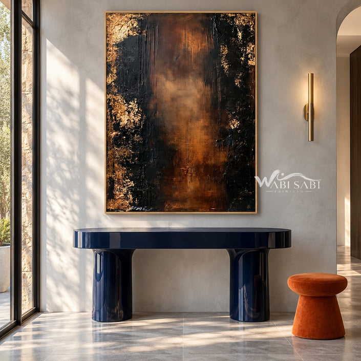 Black and Burnished Brown Abstract Wall Art shown above a blue console.