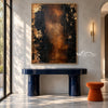 Black and Burnished Brown Abstract Wall Art shown above a blue console.