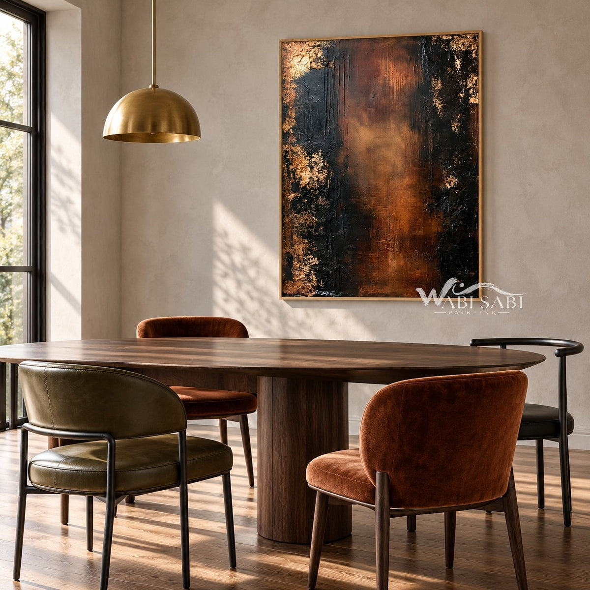 Black and Burnished Brown Abstract Wall Art shown above a dining table.