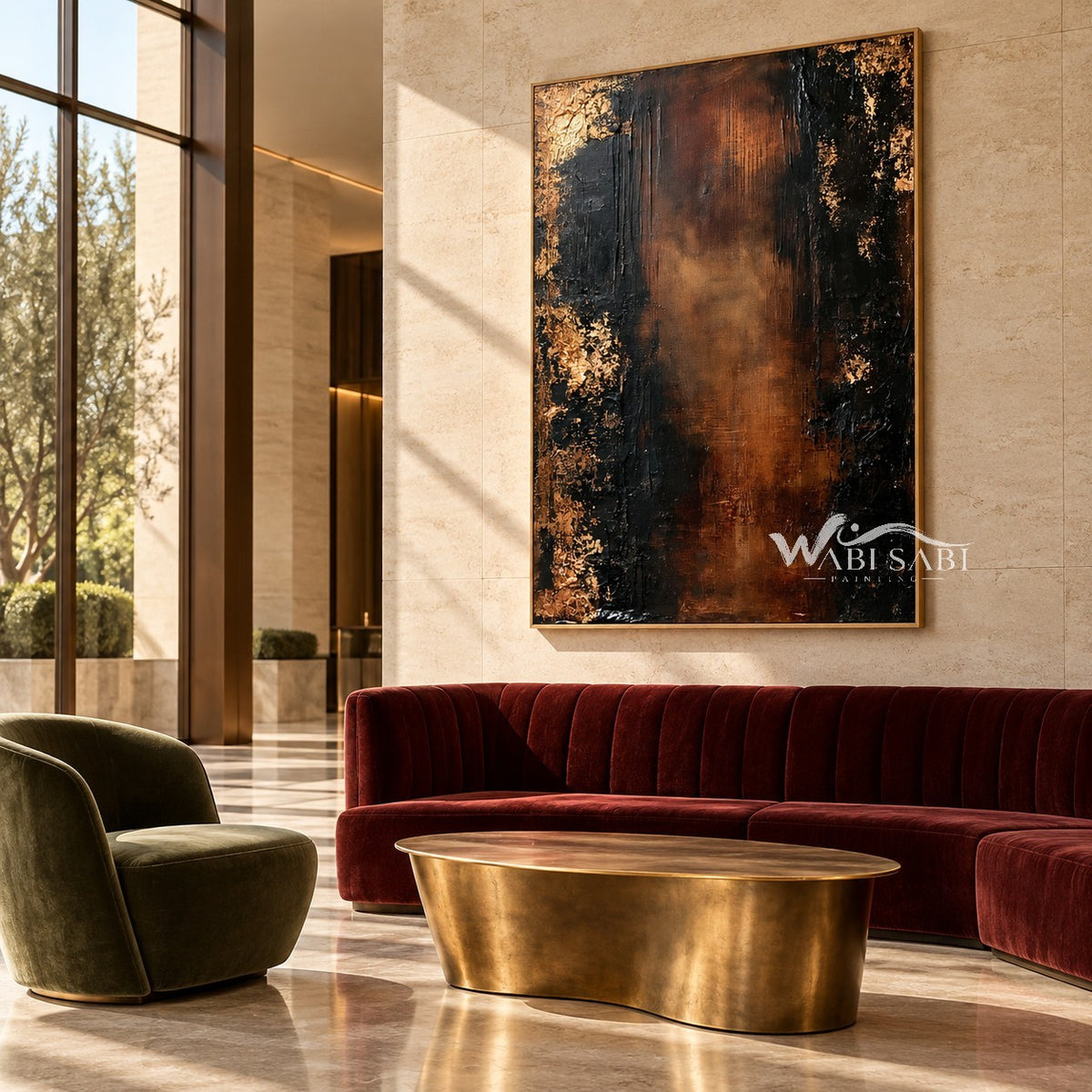 Black and Burnished Brown Abstract Wall Art shown above a burgundy sofa.