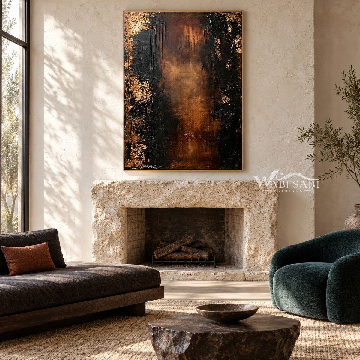 Black and Burnished Brown Abstract Wall Art shown above a fireplace.