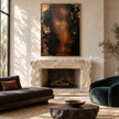 Black and Burnished Brown Abstract Wall Art shown above a fireplace.