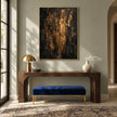 Black and Gold Color Streak Abstract Wall Art shown above a console and blue bench.