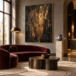 Black and Gold Color Streak Abstract Wall Art shown above a burgundy sofa.