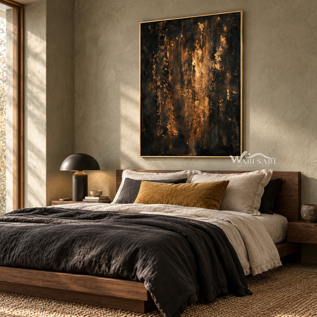 Black and Gold Color Streak Abstract Wall Art shown above a bed with a dark throw.