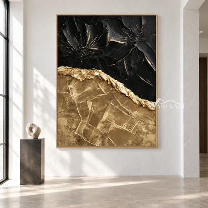 Black and Gold Faultline Painting shown in an open interior.