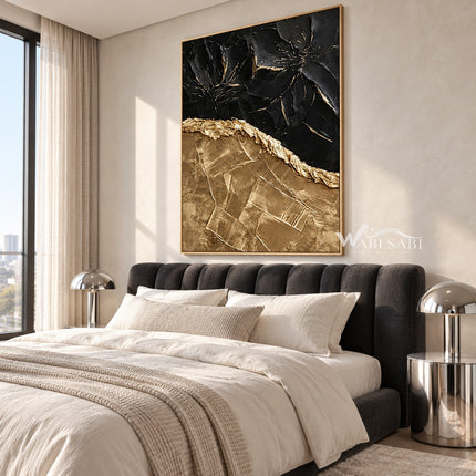 Black and Gold Faultline Painting shown in a bedroom.