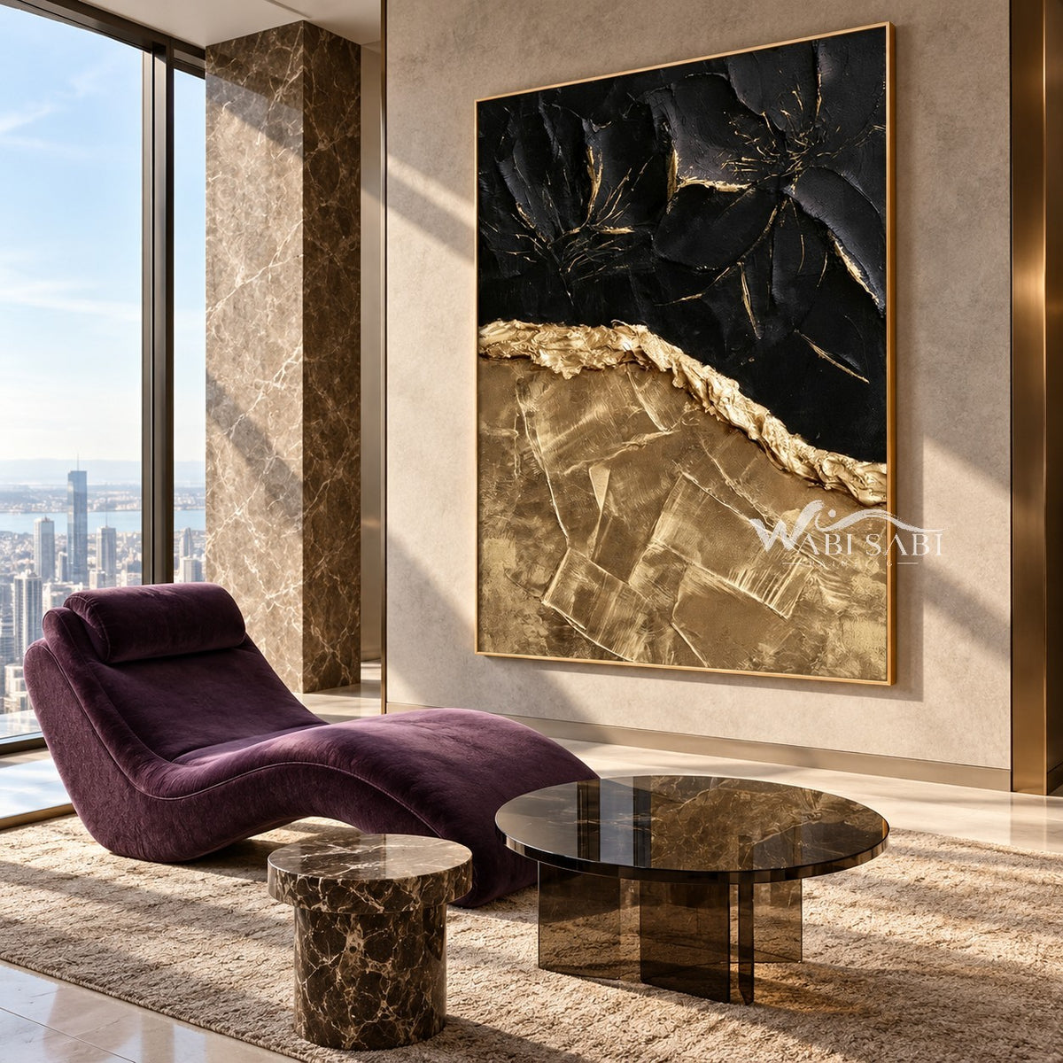 Black and Gold Faultline Painting shown in a seating area.